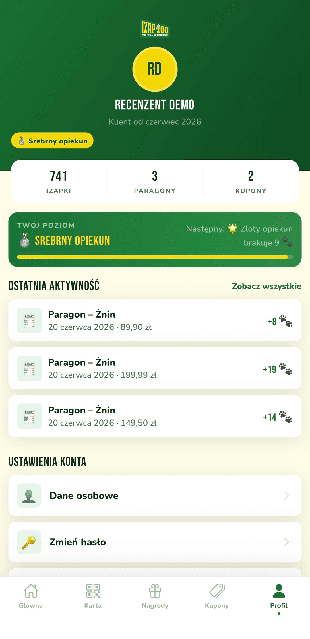 Profil — poziom uczestnika, historia paragonów i ustawienia konta