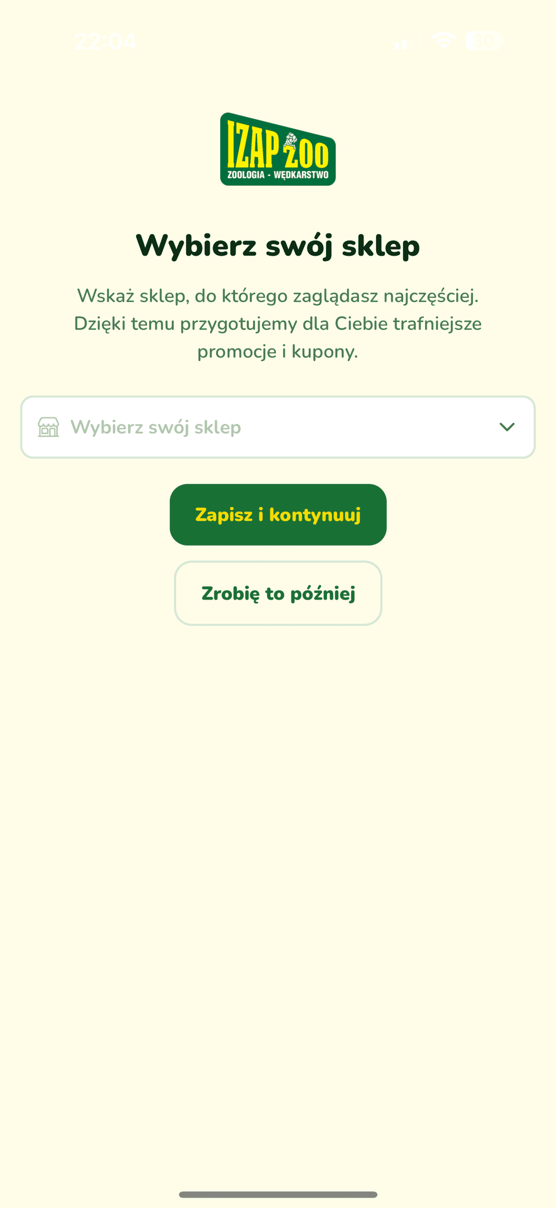 Onboarding — wybór sklepu macierzystego